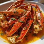 Bright orange Spicy Butter-Poached Snow Crab Legs glistening in a rich, garlicky, buttery sauce topped with fresh parsley.