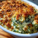 A spoonful of creamy Spinach and Kale Jalapeno Popper Dip being lifted from a white baking dish, showing a crispy breadcrumb topping.