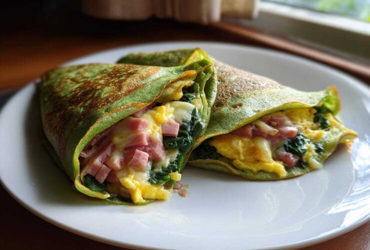 Two folded Spinach Crepes with Ham and Egg Filling showing melted cheese, ham, and scrambled eggs.
