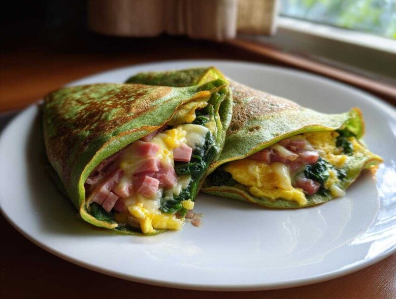 Two folded Spinach Crepes with Ham and Egg Filling showing melted cheese, ham, and scrambled eggs.