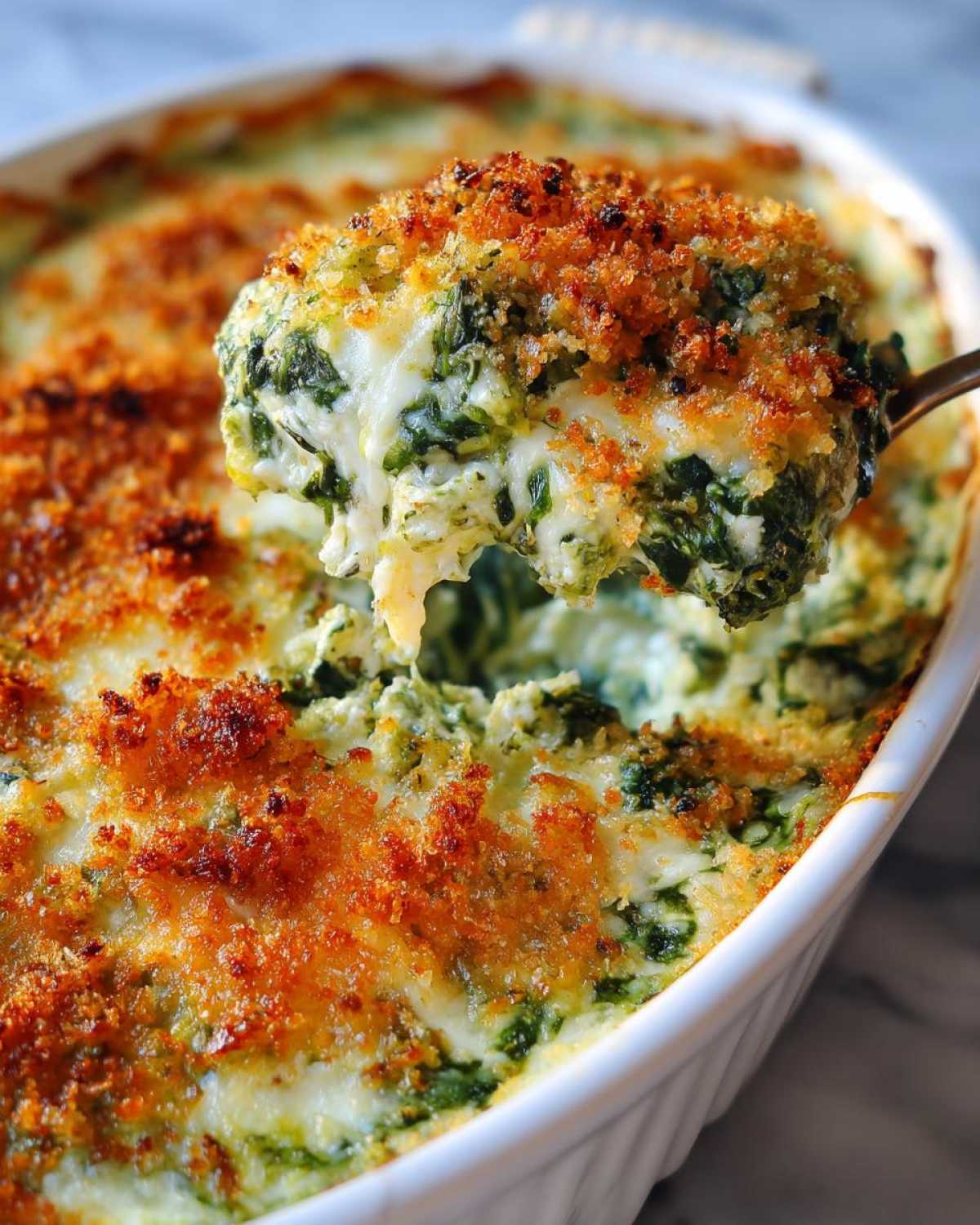 A spoonful of hot, cheesy Spinach and Kale Jalapeno Popper Dip being lifted from a white baking dish, showing a golden brown crust.