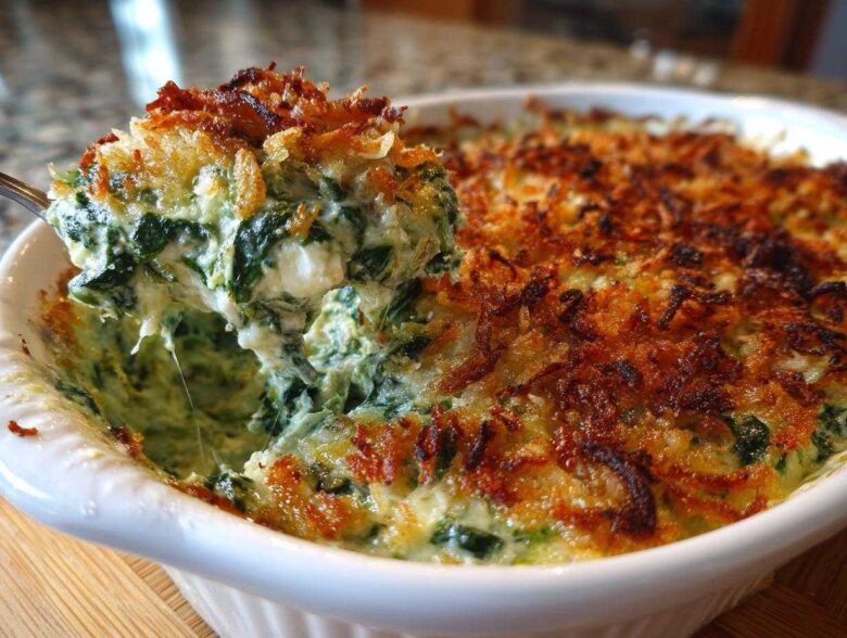 A spoonful of hot, cheesy Spinach and Kale Jalapeno Popper Dip being lifted from a white baking dish.