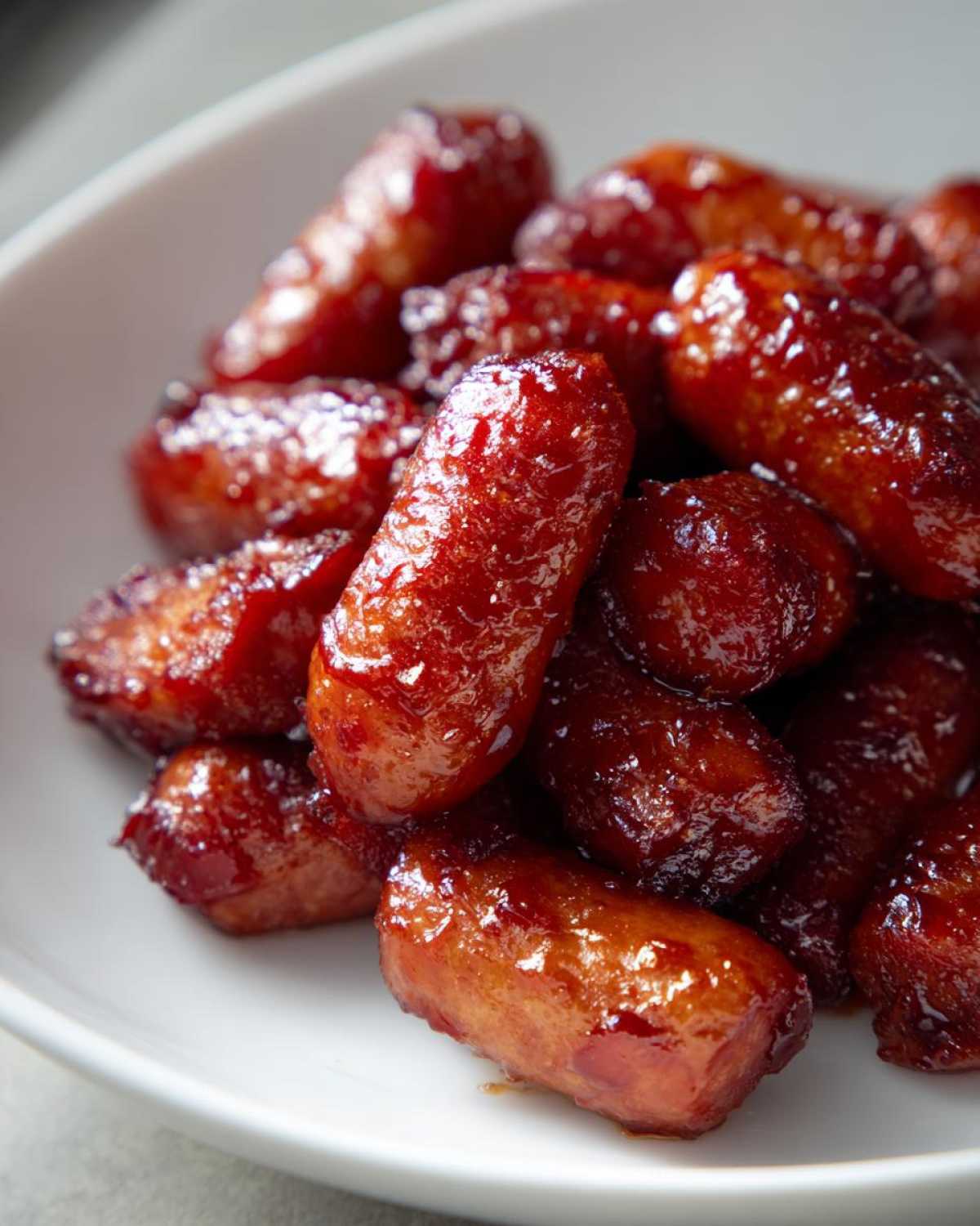 Close-up of cocktail sausages coated in a thick, glossy glaze, ready to serve as Sriracha Brown Sugar Smokies.
