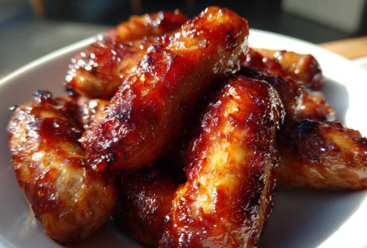 Close-up of sticky, caramelized Sriracha Brown Sugar Smokies piled high on a white plate.