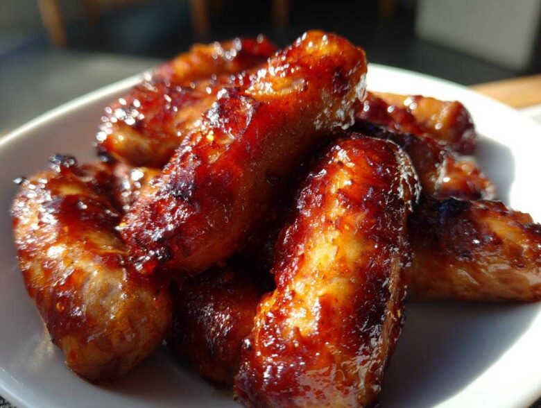 Close-up of sticky, caramelized Sriracha Brown Sugar Smokies piled high on a white plate.