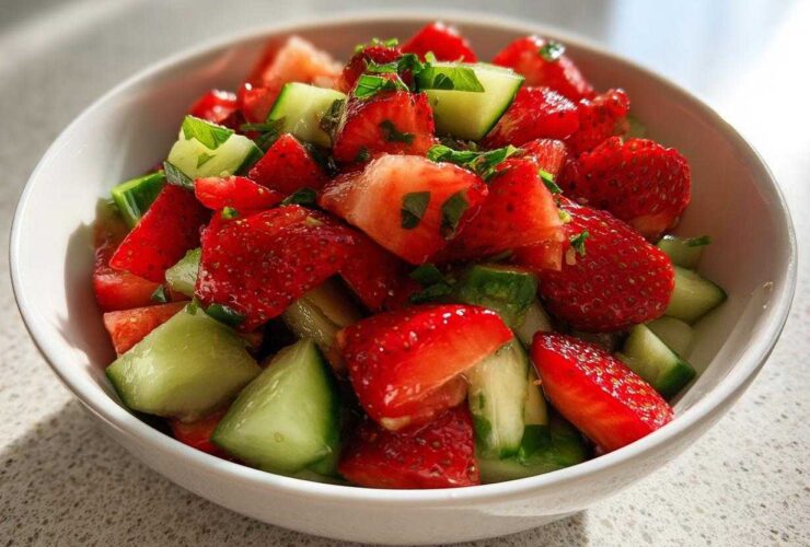 Close-up of vibrant Strawberry Cucumber Salsa with Lime, featuring chopped strawberries and cucumbers in a white bowl.