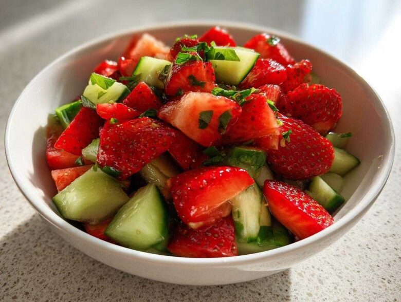Close-up of vibrant Strawberry Cucumber Salsa with Lime, featuring chopped strawberries and cucumbers in a white bowl.