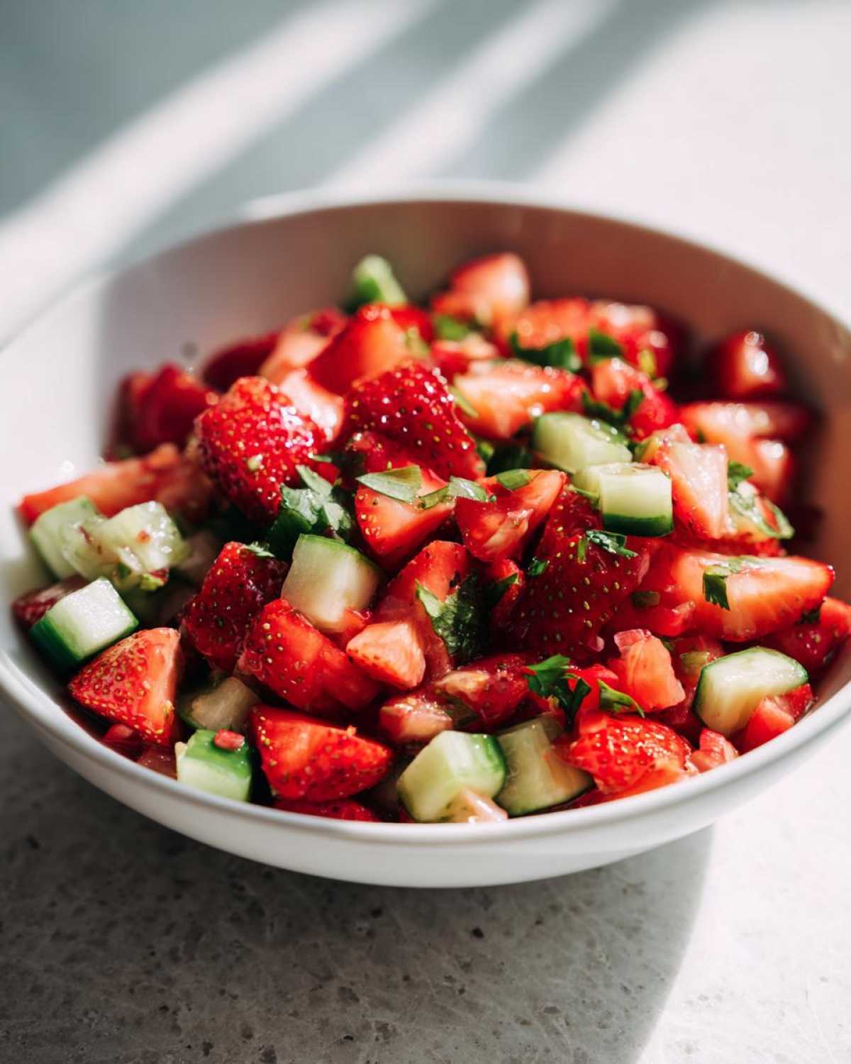 Close-up of vibrant Strawberry Cucumber Salsa with Lime, featuring chopped strawberries and cucumbers in a white bowl.