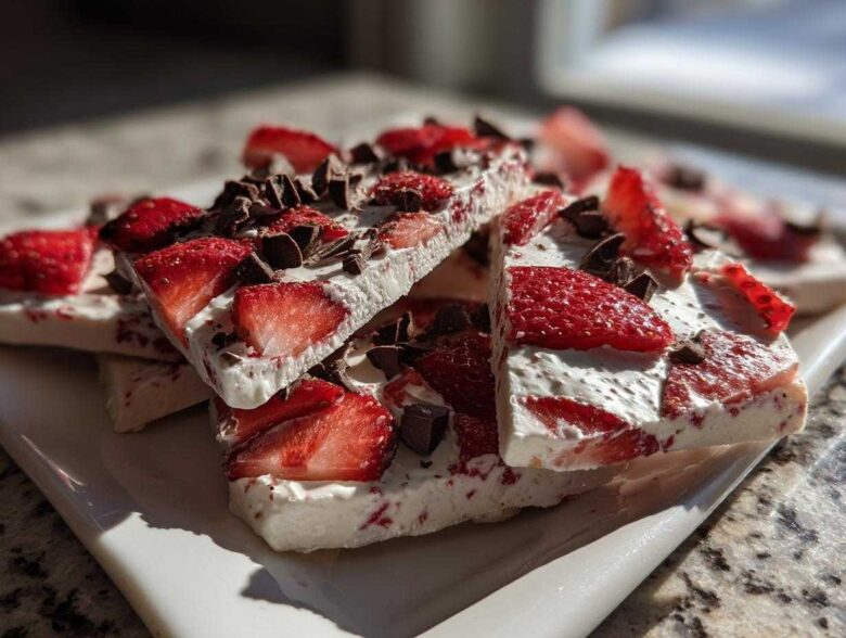 Close-up of stacked pieces of Strawberry Greek Yogurt Bark with dark chocolate chips on a white plate.