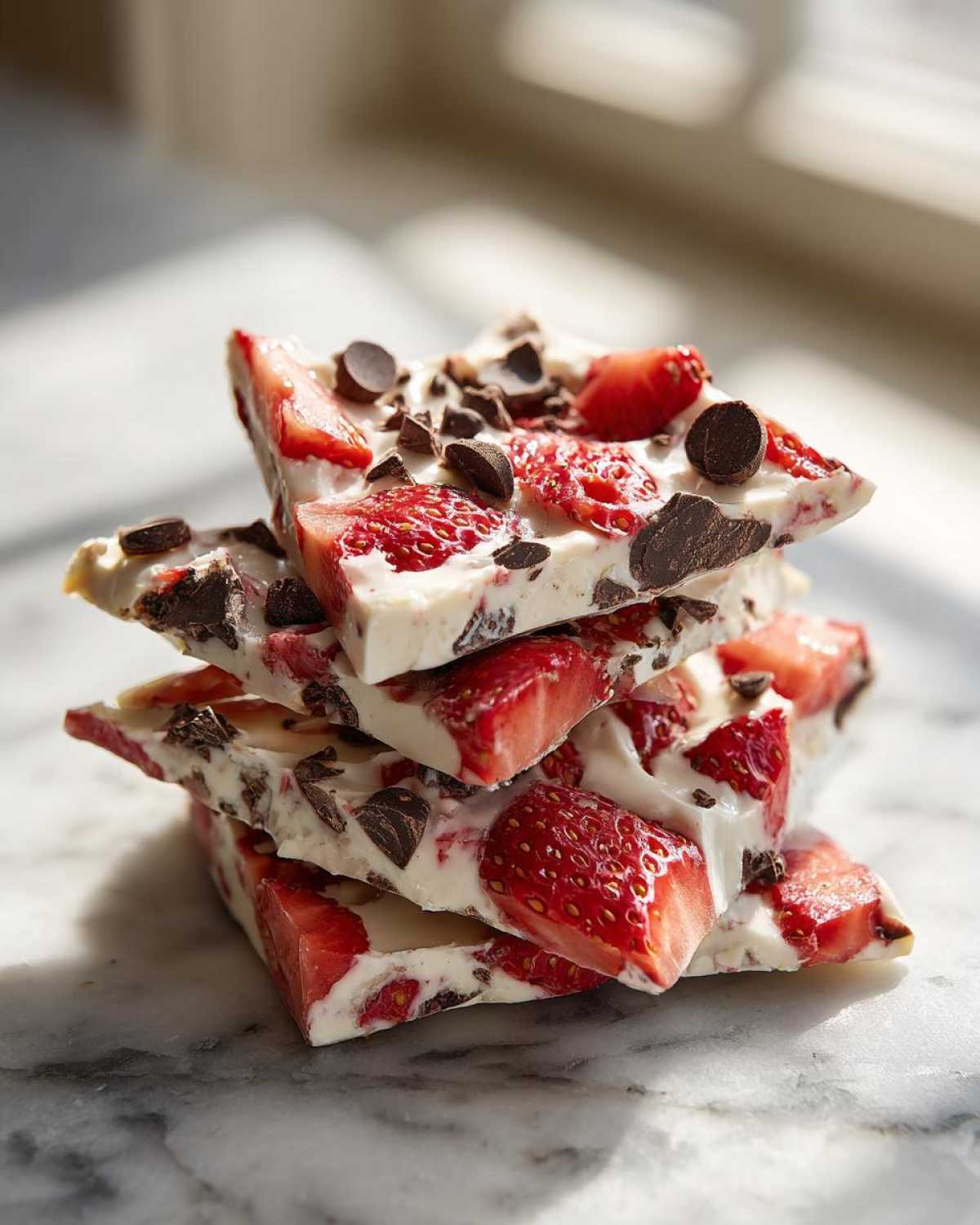 Four stacked pieces of Strawberry Greek Yogurt Bark with Dark Chocolate Chips on a marble surface.