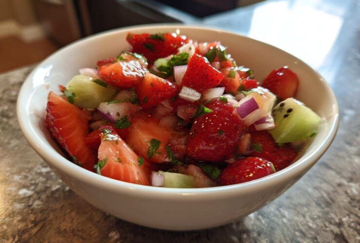 Close-up of vibrant Strawberry Kiwi Salsa featuring chopped strawberries, kiwi chunks, red onion, and herbs in a white bowl.