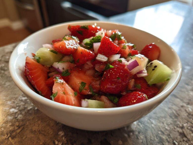 Close-up of vibrant Strawberry Kiwi Salsa featuring chopped strawberries, kiwi chunks, red onion, and herbs in a white bowl.