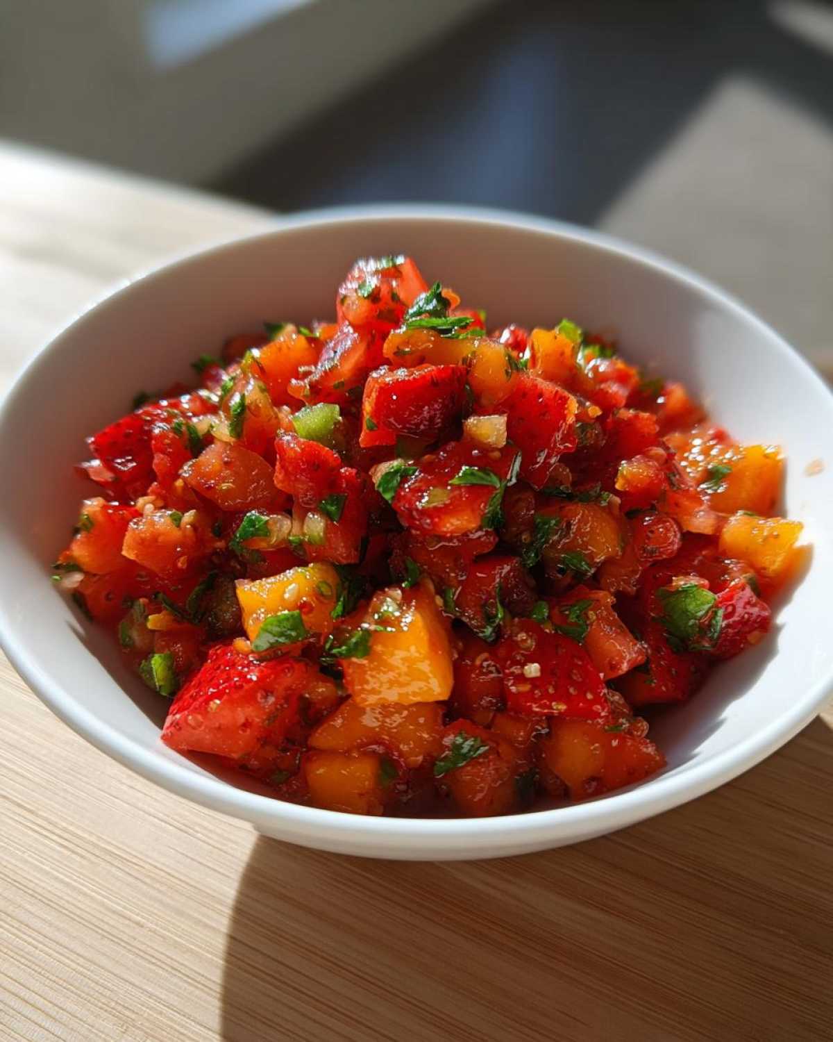 Close-up of vibrant Strawberry Peach Habanero Salsa, featuring diced strawberries, peaches, and herbs, served in a white bowl.