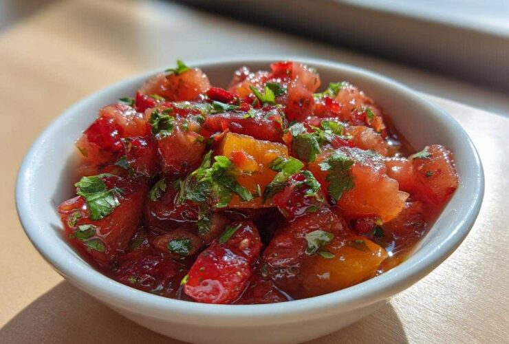 Close-up of vibrant Strawberry Peach Habanero Salsa with chopped fruit and herbs in a white bowl.