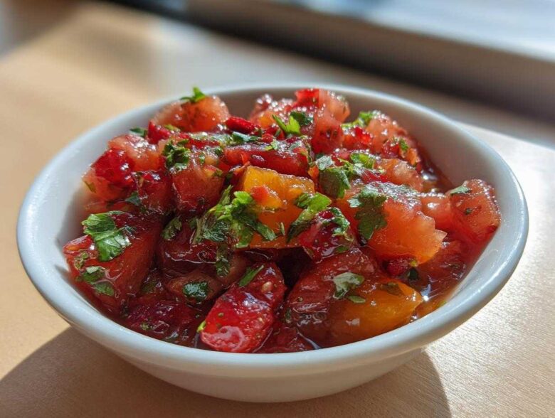 Close-up of vibrant Strawberry Peach Habanero Salsa with chopped fruit and herbs in a white bowl.