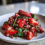 A close-up of a vibrant Strawberry Quinoa Spinach Salad piled high on a white plate, coated in poppyseed dressing.