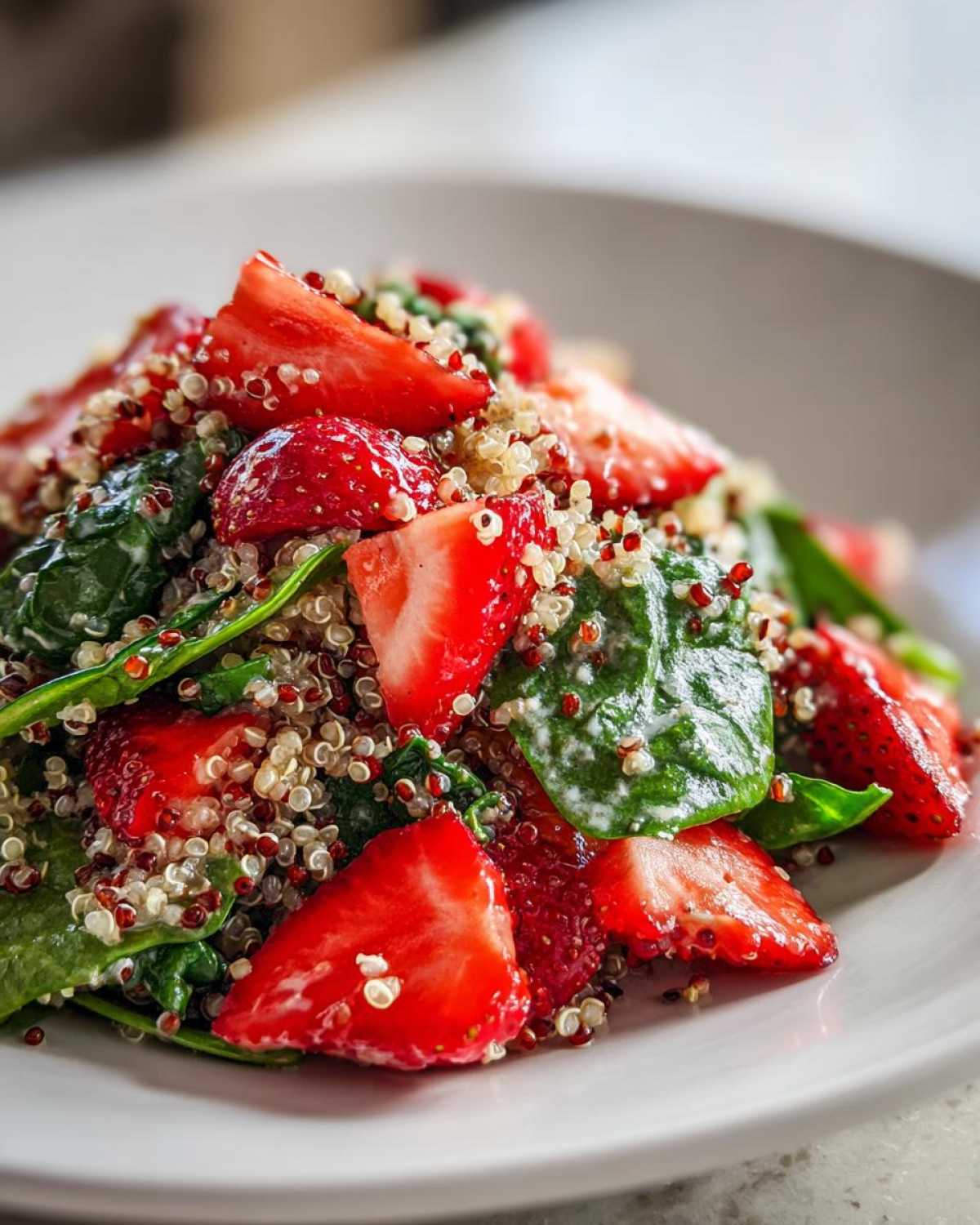 Close-up of a vibrant Strawberry Quinoa Spinach Salad featuring sliced strawberries, mixed quinoa, and fresh spinach leaves.