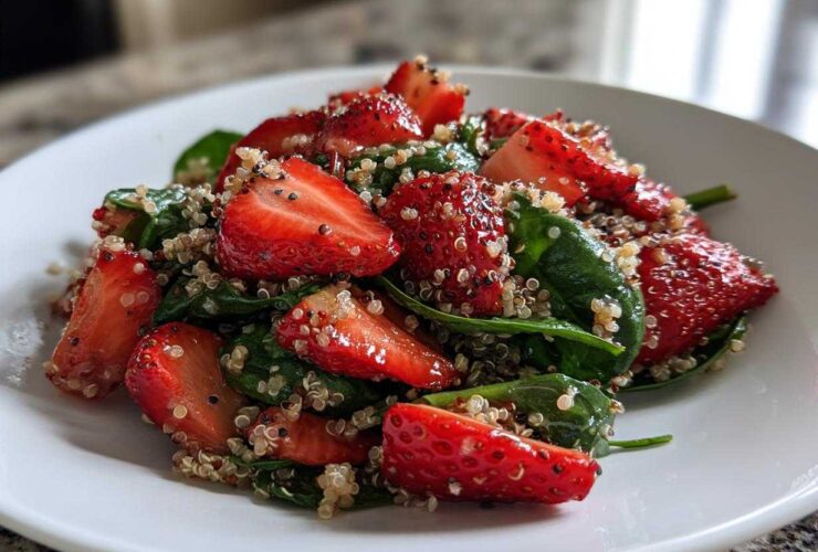 Close-up of a vibrant Strawberry Quinoa Spinach Salad featuring halved strawberries, green spinach, and quinoa tossed with poppyseeds.
