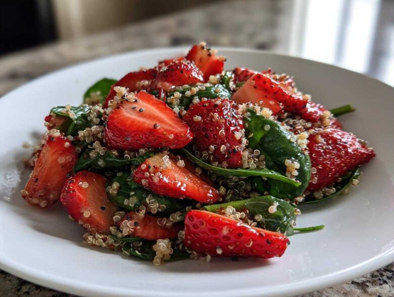 Close-up of a vibrant Strawberry Quinoa Spinach Salad featuring halved strawberries, green spinach, and quinoa tossed with poppyseeds.