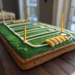 A rectangular Sugar Cookie Pizza Football Field decorated with green frosting and white yard lines.