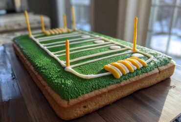 A rectangular Sugar Cookie Pizza Football Field decorated with green frosting and white yard lines.