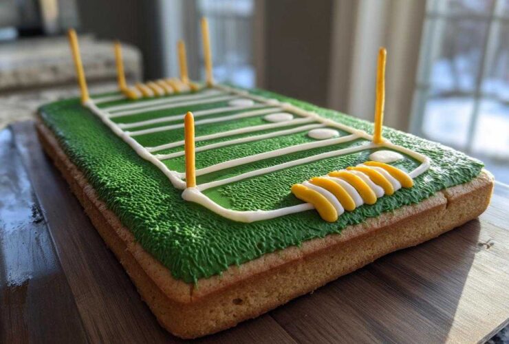 A rectangular Sugar Cookie Pizza Football Field decorated with green frosting and white yard lines.