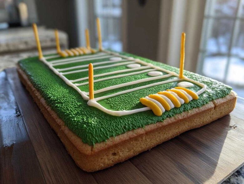 A rectangular Sugar Cookie Pizza Football Field decorated with green frosting and white yard lines.