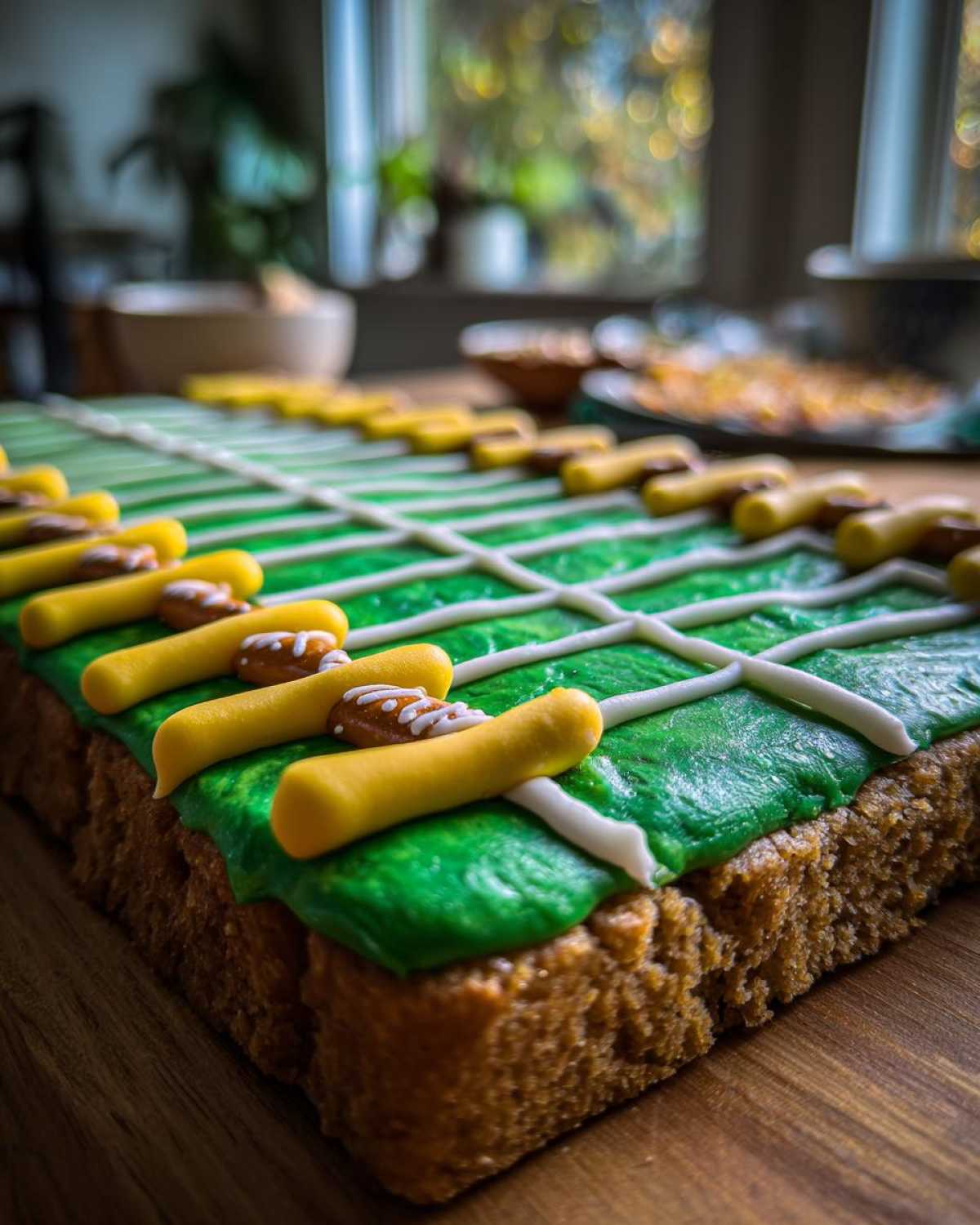 A close-up view of the edge of a Sugar Cookie Pizza Football Field decorated with green frosting, white yard lines, and candy goalposts.