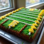 A rectangular Sugar Cookie Pizza Football Field decorated with green sprinkles for grass, white icing yard lines, and yellow/white icing goalposts.