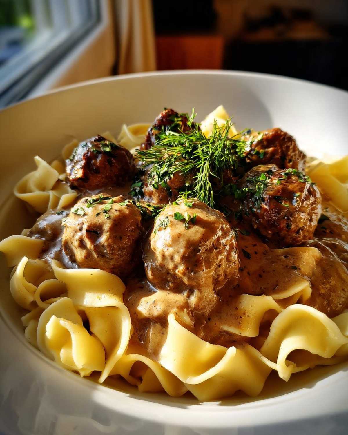 Close-up of Swedish meatballs over egg noodles smothered in creamy brown gravy, garnished with fresh dill.