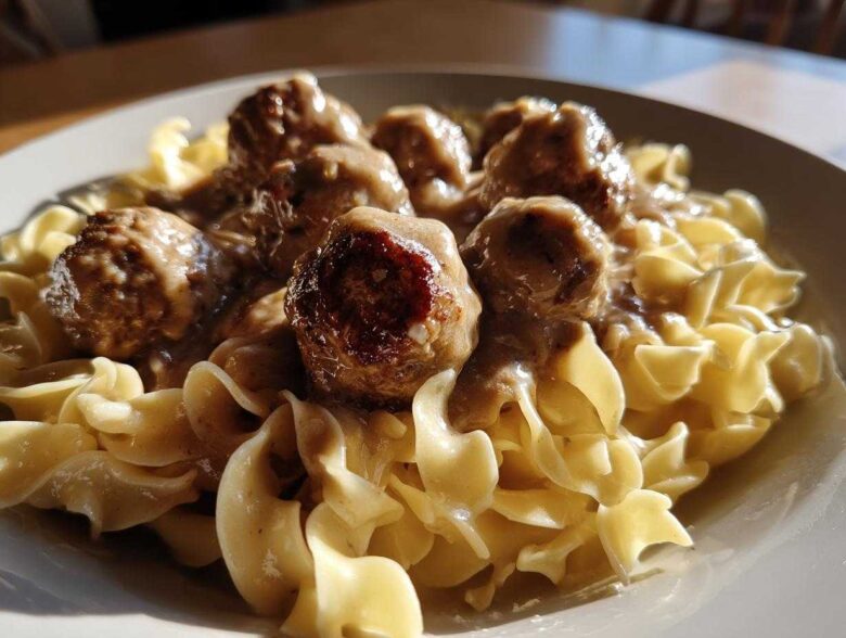 Close-up of savory Swedish meatballs covered in cream gravy served over wide egg noodles.