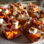 Close-up of finished Sweet Potato and Marshmallow Pig Shots topped with crispy bacon.