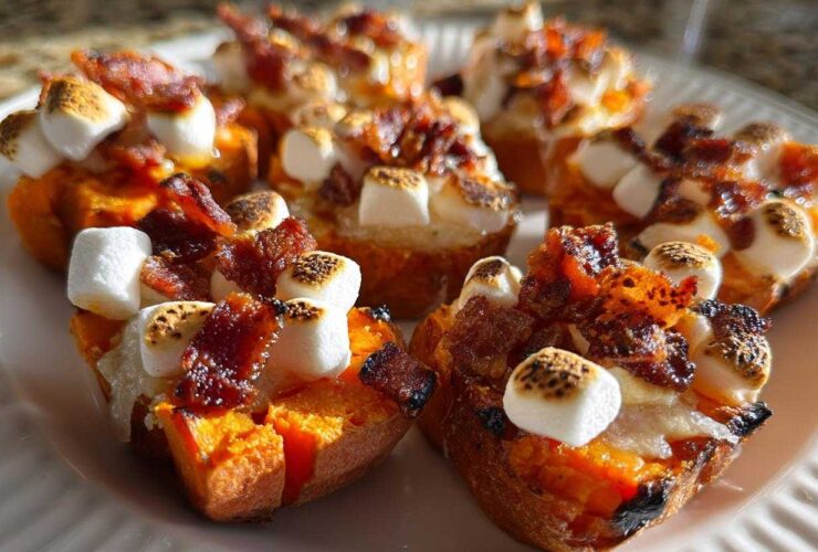 Close-up of finished Sweet Potato and Marshmallow Pig Shots topped with crispy bacon.