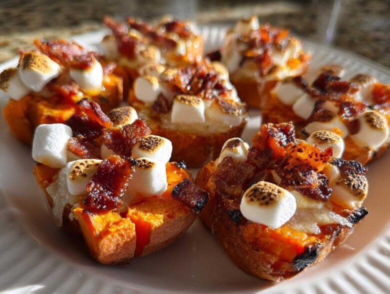 Close-up of finished Sweet Potato and Marshmallow Pig Shots topped with crispy bacon.