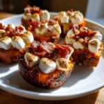 Close-up of Sweet Potato and Marshmallow Pig Shots topped with crispy bacon, served on a white plate.