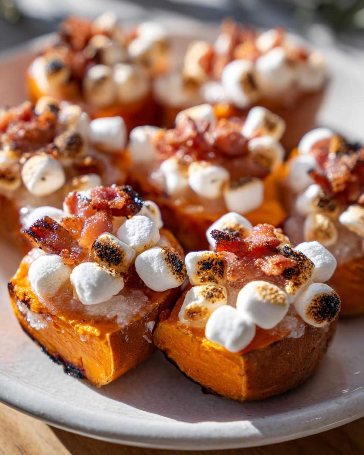 Close-up of Sweet Potato and Marshmallow Pig Shots topped with toasted marshmallows and bacon bits.