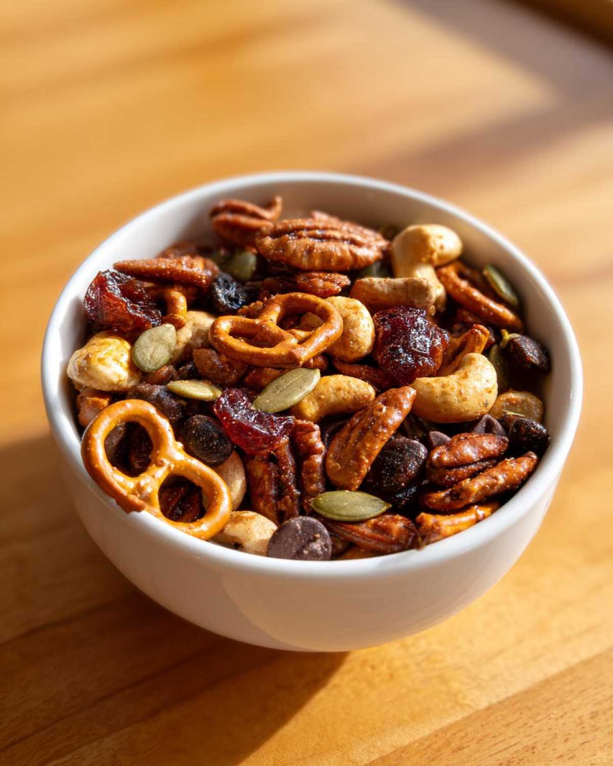 Close-up of a white bowl filled with Sweet and Salty Gameday Trail Mix, featuring pecans, pretzels, cashews, and dried fruit.
