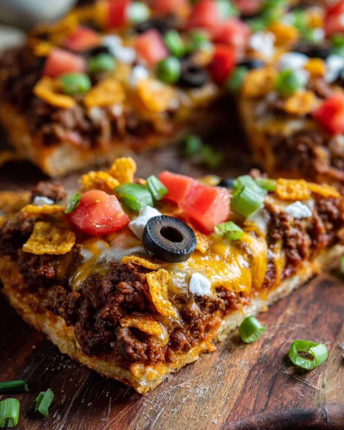 Close-up of a slice of Taco Pizza with Corn Chip Topping, showing seasoned beef, cheese, tomatoes, and olives.