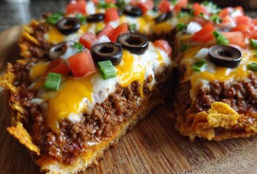 A slice cut from a Taco Pizza with Corn Chip Topping showing seasoned ground beef, melted cheese, tomatoes, olives, and green onions.