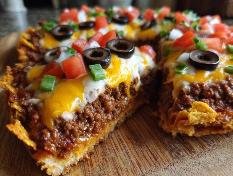 A slice cut from a Taco Pizza with Corn Chip Topping showing seasoned ground beef, melted cheese, tomatoes, olives, and green onions.