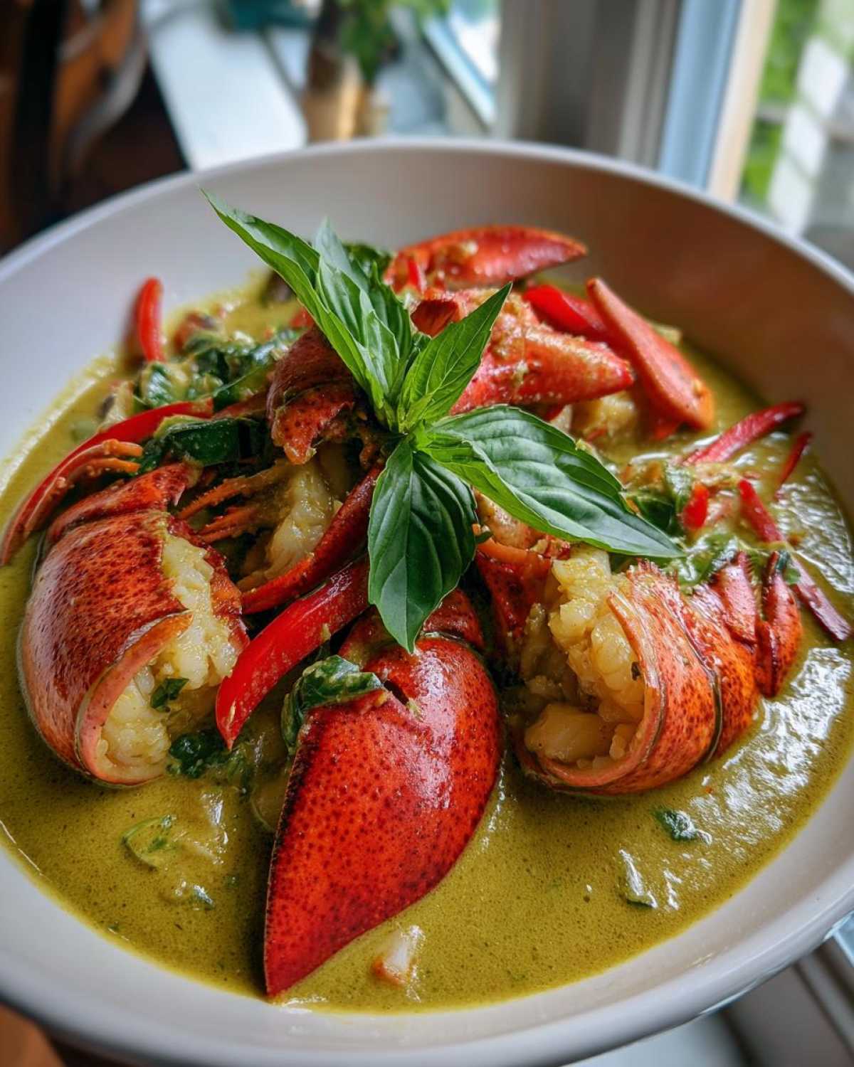 Close-up of bright red lobster tails served in a rich, green sauce, garnished with Thai basil for Thai Green Curry Lobster Tails.