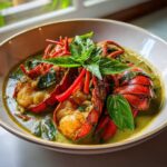 Two halves of bright red lobster tails served in a rich, green Thai Green Curry Lobster Tails sauce, garnished with fresh basil.