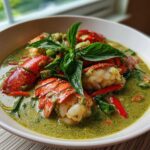 Bright red lobster tails served in a rich, green coconut milk sauce, garnished with Thai basil for Thai Green Curry Lobster Tails.