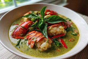 Bright red lobster tails served in a rich, green coconut milk sauce, garnished with Thai basil for Thai Green Curry Lobster Tails.
