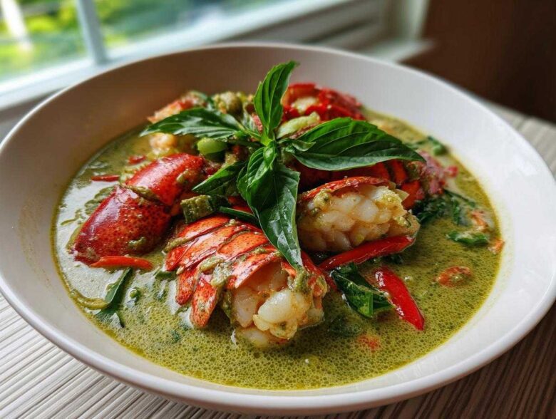 Bright red lobster tails served in a rich, green coconut milk sauce, garnished with Thai basil for Thai Green Curry Lobster Tails.