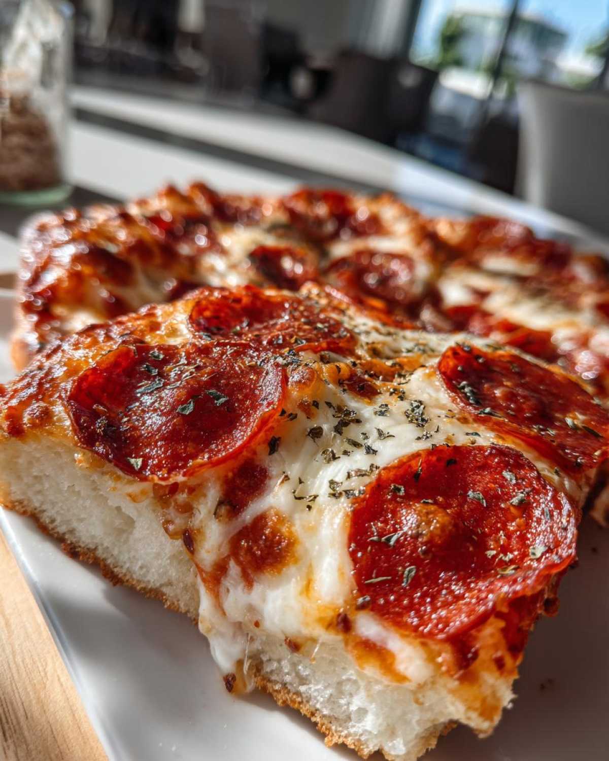 Close-up of a thick slice of cheesy pepperoni pizza, resembling the top layer of a 7-Layer Pizza Dip.