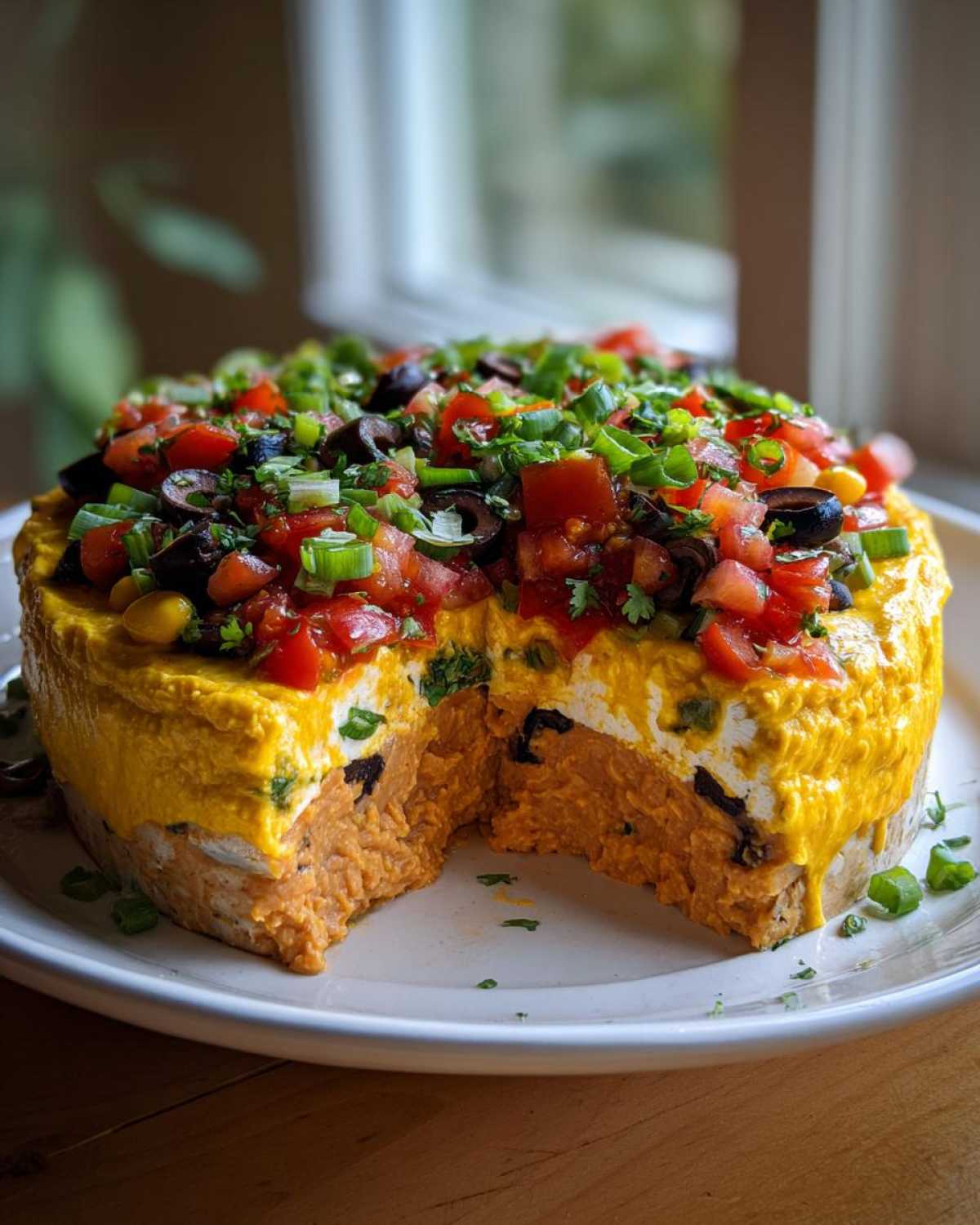 A slice removed from a tall Vegan 7-Layer Dip featuring bright orange layers and topped with tomatoes, olives, and scallions.