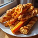 A pile of golden brown Vegetarian Carrot "Pigs" in a Blanket sticks served on a white plate.