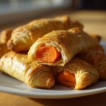 A stack of golden, flaky Vegetarian Carrot "Pigs" in a Blanket on a white plate, one cut open showing the bright orange carrot filling.