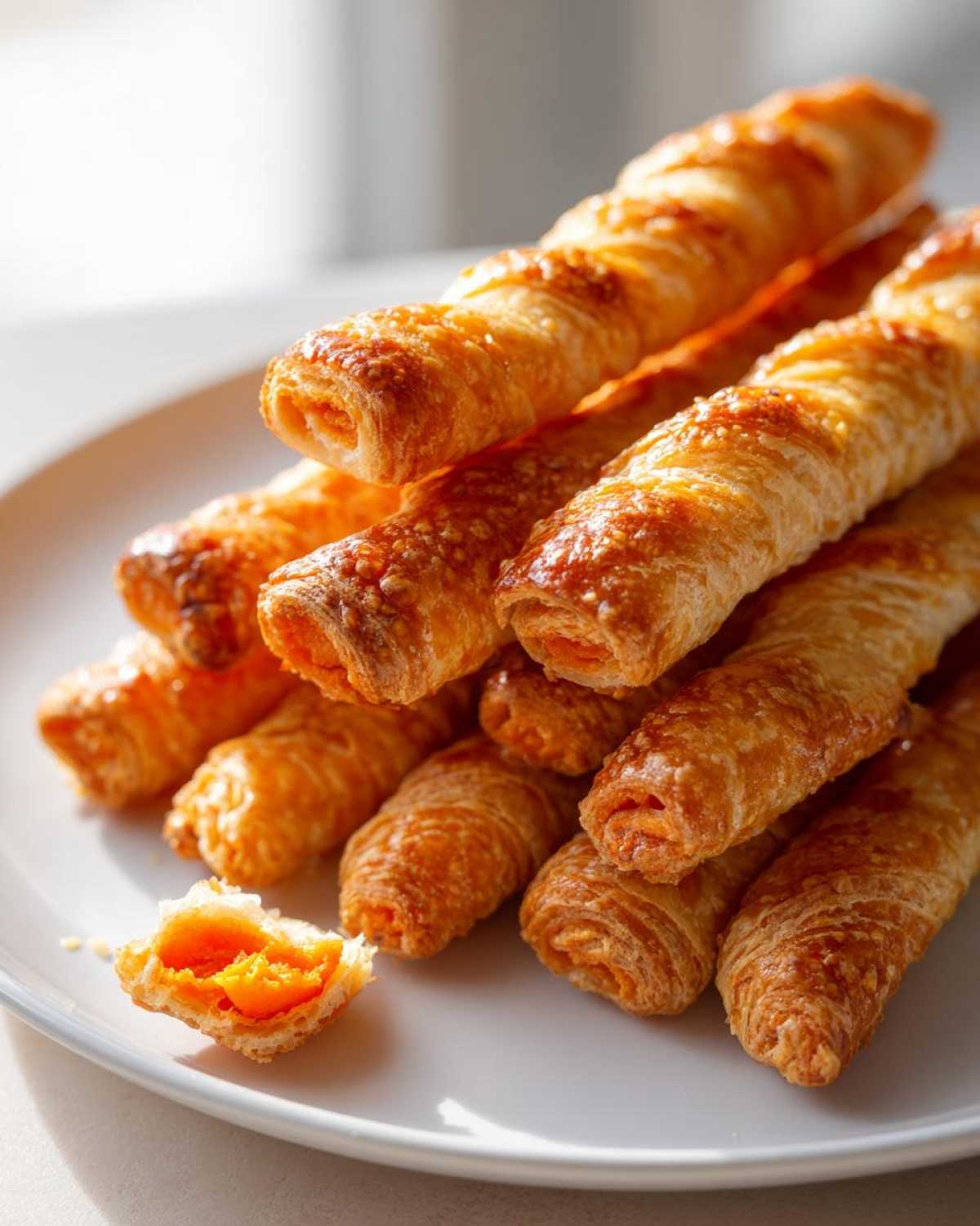 A stack of golden-brown Vegetarian Carrot "Pigs" in a Blanket on a white plate, one piece broken open showing the bright orange carrot filling.